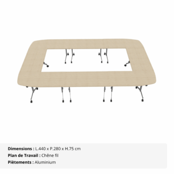 Table de réunion rectangle – 14_16 personnes – composée de 8 tables abattantes - Gamme Alba - Chêne fil
