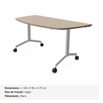 Table demi-lune abattante sur roulettes P.80 cm - Gamme Alba - Argile