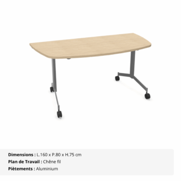 Table demi-lune abattante sur roulettes P.80 cm - Gamme Alba - Chêne fil