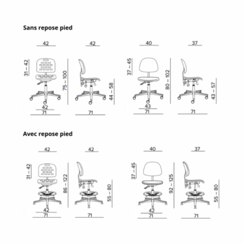 Tabouret d'atelier avec dossier - Gamme Épure - Dimensions