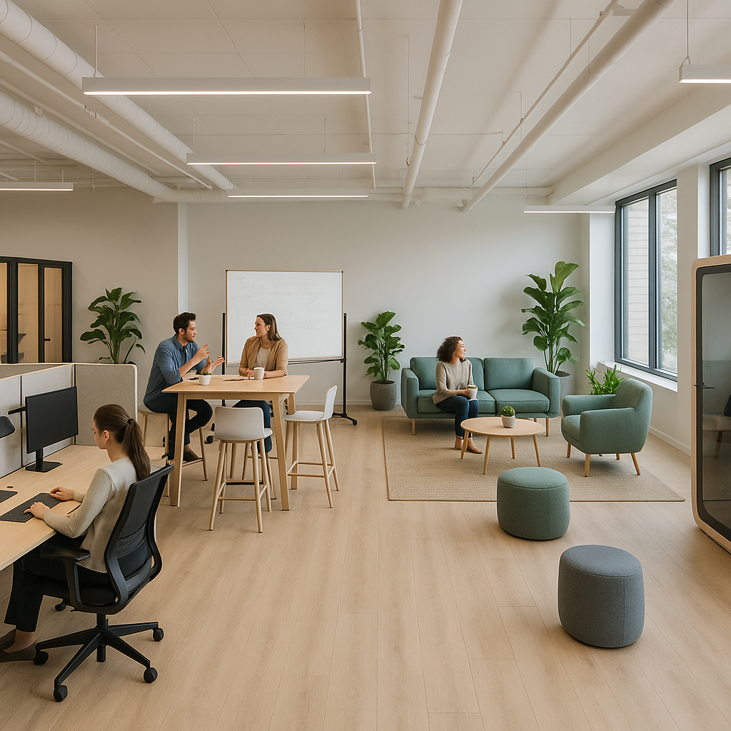 Activity-Based Working (ABW) Image panoramique réaliste d’un grand plateau de bureau en open-space organisé selon le concept d’Activity-Based Working.
Vue large montrant clairement quatre zones distinctes :
zone de concentration avec boxes individuels et cloisons basses,
zone collaborative avec table haute, chaises autour et tableau blanc,
zone détente avec fauteuils, canapé et plantes,
zone silence avec cabines acoustiques.
Cloisons mobiles et mobilier varié visibles (bureaux assis-debout, poufs, sièges ergonomiques).
Plusieurs personnes utilisent les zones de façon naturelle : une en réunion, une concentrée, une en pause.
Lumière naturelle, ambiance dynamique et vivante, style photo d’architecture d’intérieur.
Couleurs douces et harmonieuses (bois clair, beige, gris, vert).
Format horizontal 16:9, rendu photoréaliste haut de gamme.