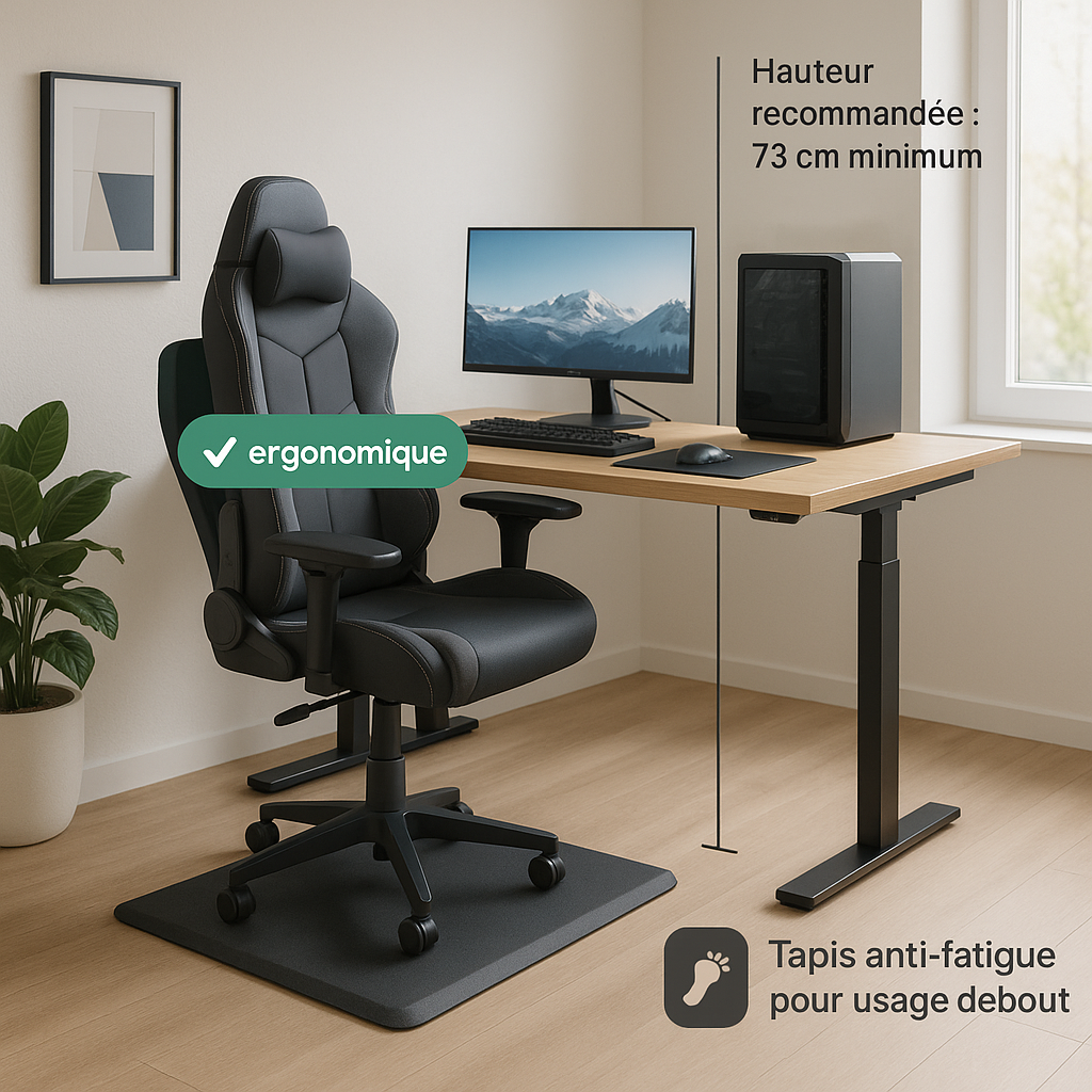 Cas particulier bureau gamer Vue en perspective 3/4 d’un setup gaming ergonomique dans une pièce claire et moderne.
Bureau noir mat ou en bois clair avec pieds métalliques, chaise gaming élégante (noire et grise, sans couleurs flashy).
Éclairage naturel venant d’une fenêtre, avec une ambiance lumineuse douce et neutre (pas de LED colorées).
L’utilisateur règle la hauteur du bureau pour alterner position assise et debout.
Ajoute des annotations visuelles :
Ligne verticale discrète avec texte « Hauteur recommandée : 73 cm minimum »
Icône de pied au sol avec flèche et texte « Tapis anti-fatigue pour usage debout »
Petit badge vert “✓ ergonomique” au niveau du dos, indiquant la posture correcte.
Ambiance globale : bureau premium, tons cohérents avec les autres visuels (bois clair, gris doux, noir neutre).
Style photoréaliste, propre, professionnel — sans effet “gaming RGB”.