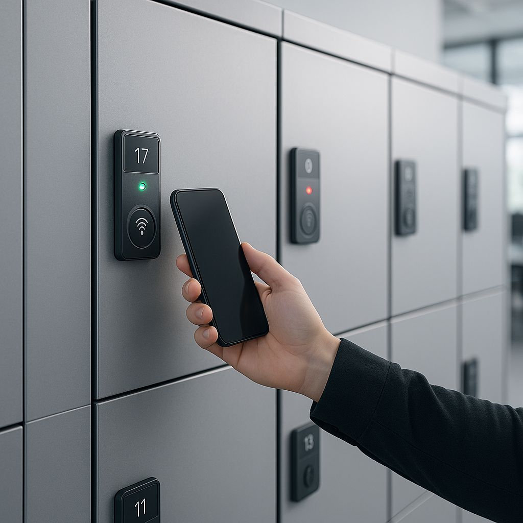 Casiers personnels intelligents Image réaliste d’une rangée de casiers métalliques modernes équipés de technologie intelligente.
Au premier plan, une personne approche son smartphone d’un lecteur RFID sur la porte du casier.
Petit écran LED affiche le numéro ou statut (voyant vert/rouge visible).
Design épuré en métal clair ou gris anthracite, sans cadenas.
En arrière-plan, d’autres casiers alignés dans un environnement de bureau moderne.
Style photographique clair et professionnel, lumière naturelle, ambiance technologique mais accessible.