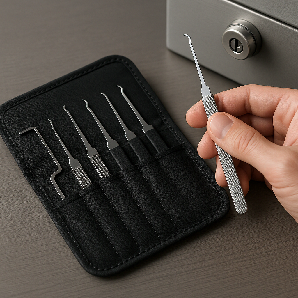 Kit de crochetage professionnel Photo réaliste vue en légère plongée (45°) d’un kit de crochetage professionnel ouvert sur un bureau. 5 à 7 outils bien visibles : crochets (rake, hook), tendeurs, disposés avec soin sur une pochette en cuir ou un tissu noir. Une main tient un crochet pour montrer la taille réelle de l’outil. À côté, une serrure de caisson métallique donne le contexte. Lumière de studio douce, reflets maîtrisés sur le métal pour mettre en valeur la précision. Ambiance professionnelle, fond neutre et minimaliste. Style : photographie d’outillage de précision. Message visuel : “Un kit complet ressemble à ça — du matériel spécialisé, précis et réservé aux professionnels.”