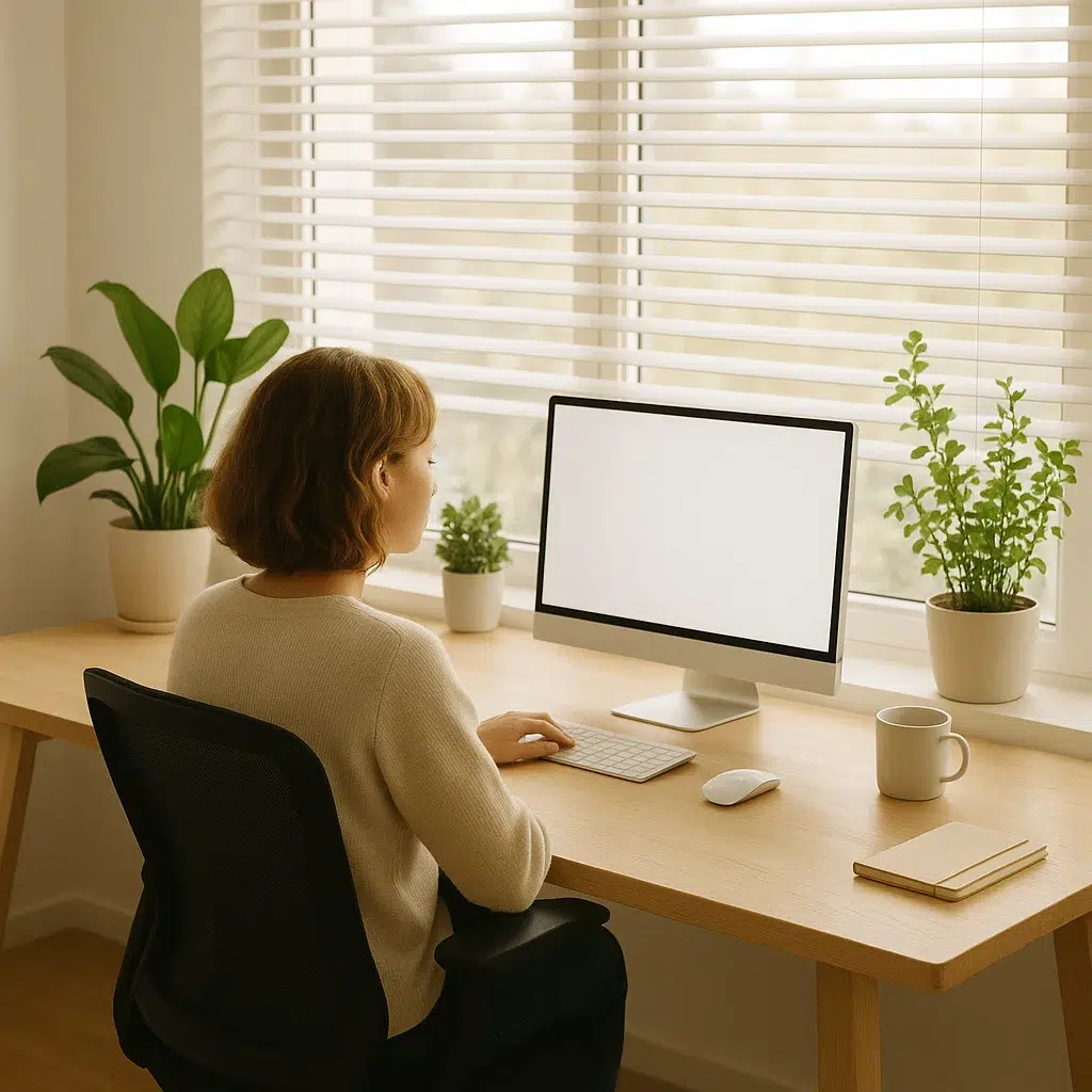 La lumière naturelle comme référence Bureau en bois clair positionné perpendiculairement à une grande fenêtre laissant entrer une lumière naturelle douce. Moment : milieu de matinée, soleil indirect. Vue : depuis l’arrière de l’écran vers la fenêtre, montrant la bonne orientation du poste. Éléments : stores à lamelles semi-ouverts, plantes vertes sur le rebord de fenêtre, chaise ergonomique. Personne de dos ou profil, posture détendue.