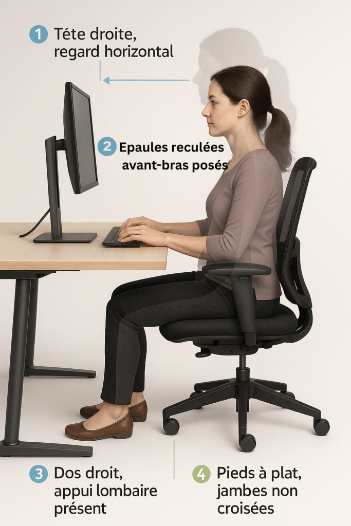 La posture optimale en 4 points Infographie photo-réaliste en vue latérale complète d’une personne assise à son bureau. Utilise un fond légèrement dégradé (blanc → gris clair). Ajoute 4 annotations numérotées : Tête droite, regard horizontal Épaules détendues, bras à 90° Dos droit, appui lombaire présent Pieds à plat, jambes non croisées Chaque zone est reliée par une fine flèche colorée (bleu clair ou vert doux). Style clair, lisible, pédagogique.