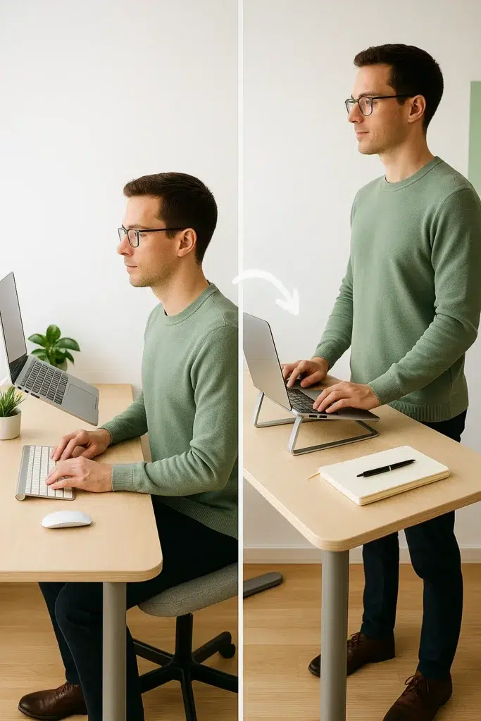 Le bureau assis-debout la base de votre poste ergonomique même personne au même bureau dans deux postures.
Gauche : position assise, posture droite, regard vers l’écran à hauteur des yeux.
Droite : position debout, bureau réglé plus haut, même équipement.
Éléments visibles : ordinateur portable sur support, clavier et souris externes, petite plante verte, carnet et stylo.
Ambiance : lumière naturelle douce, murs blancs, bureau en bois clair, touches de vert pastel.
Indication visuelle subtile : flèche fluide ou transition lumineuse au centre pour marquer le passage assis → debout.