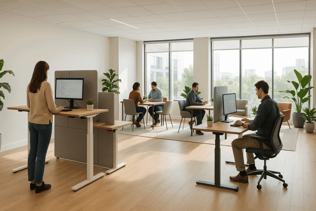 vue d’ensemble panoramique d’un open-space lumineux et contemporain.