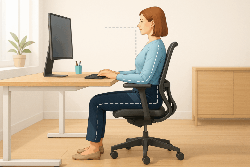 personne assise à un bureau moderne. La posture est parfaite : dos droit, tête alignée, coudes à 90°, avant-bras parallèles au sol, pieds à plat.