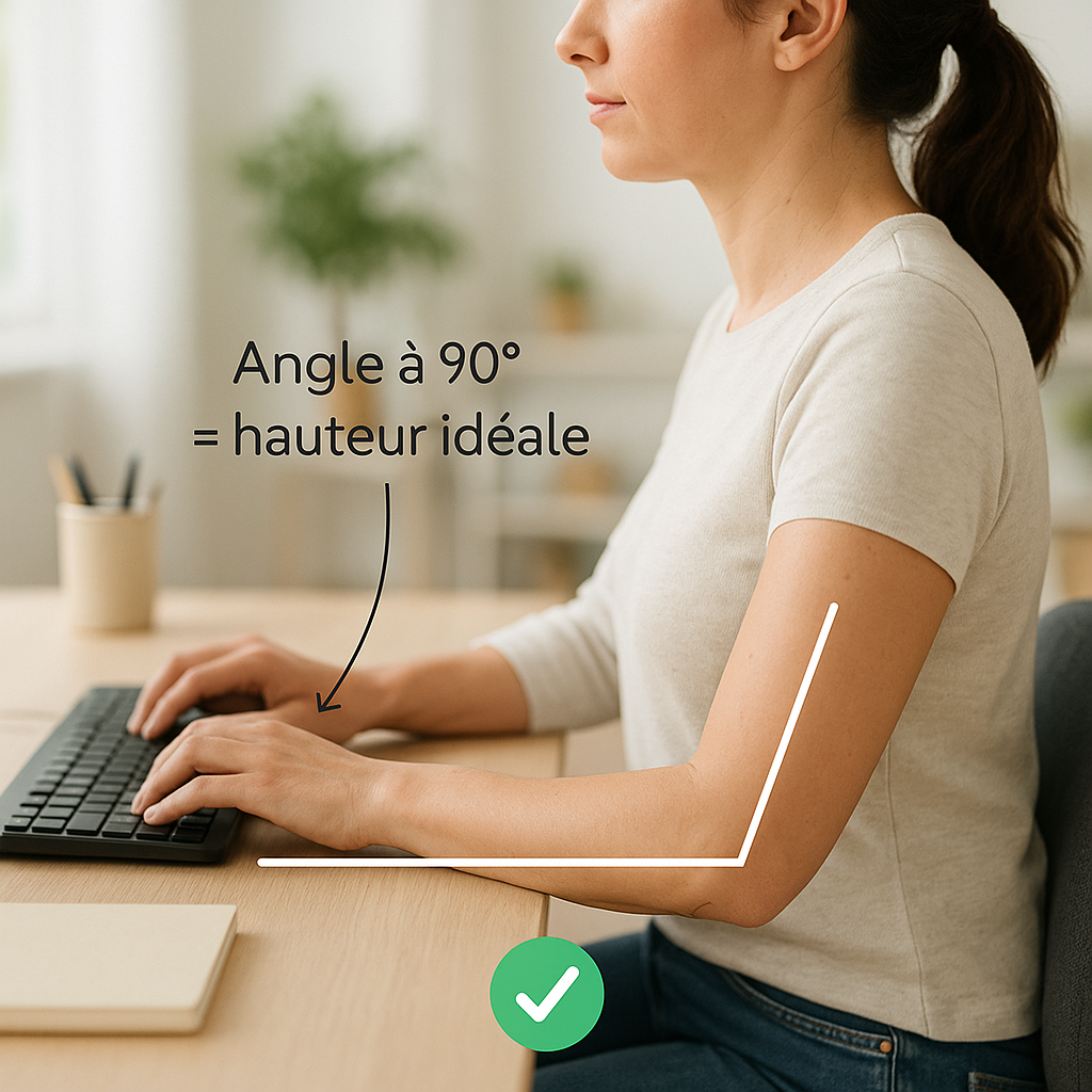 Réglage du bureau la règle des coudes à 90 Vue latérale d’une personne assise à son bureau dans un espace lumineux.
L’image montre clairement les avant-bras posés à plat et les coudes à 90°.
Ajoute une annotation visuelle :
Flèche fine indiquant l’angle droit des coudes (texte : “Angle à 90° = hauteur idéale”)
Ligne horizontale reliant les avant-bras au plateau du bureau.
Icône “✓” vert pour symboliser la bonne posture.
Ambiance : bureau clair, fond flou, lumière naturelle, style réaliste.