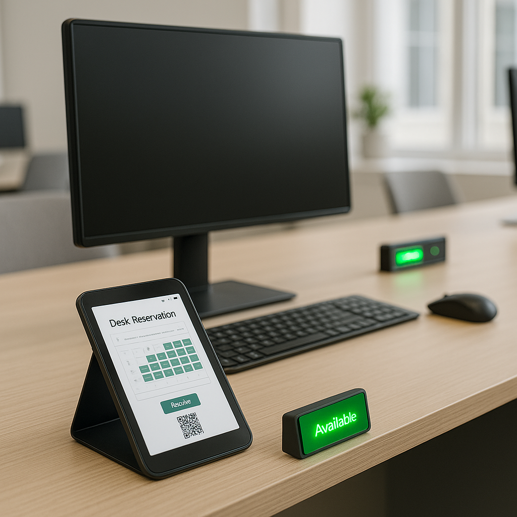 Systèmes de hot-desking Image ultra réaliste d’un open-space moderne et lumineux avec plusieurs postes de travail non assignés. Vue d’ensemble en légère plongée montrant 4 à 6 bureaux alignés, équipés d’écrans, prises électriques et hubs USB visibles. Au premier plan, un smartphone posé sur le bureau affiche une application de réservation de poste de travail.
Chaque bureau dispose d’un petit voyant digital vert ou rouge indiquant la disponibilité.
Les bureaux sont propres, sans objets personnels (pas de plantes ni de photos).
Deux personnes travaillent en arrière-plan pour donner l’échelle.
Style professionnel, ambiance conviviale, mobilier métallique et sobre, lumière naturelle venant de grandes fenêtres.
Couleurs neutres (blanc, beige, métal clair, touches de vert).