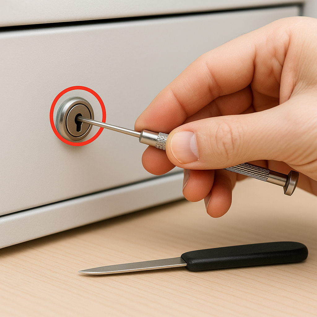 Tournevis ou outil à pointe fine Photo didactique ultra réaliste montrant un tournevis plat de précision (tête de 3 à 5 mm) tenu par une main prête à l’insérer dans une serrure de tiroir métallique.
Angle de vue 3/4 pour bien voir le geste et la position de l’outil.
En alternative, un petit tournevis de lunetterie ou un couteau fin posé à côté.
Cercle ou flèche rouge discrète indiquant le point d’insertion dans la serrure.
Éclairage neutre, ambiance claire et professionnelle.
Arrière-plan flou mais cohérent avec les précédentes images (surface bois clair ou blanche).
Style photo explicative “étape par étape”, très nette sur la main et l’outil.