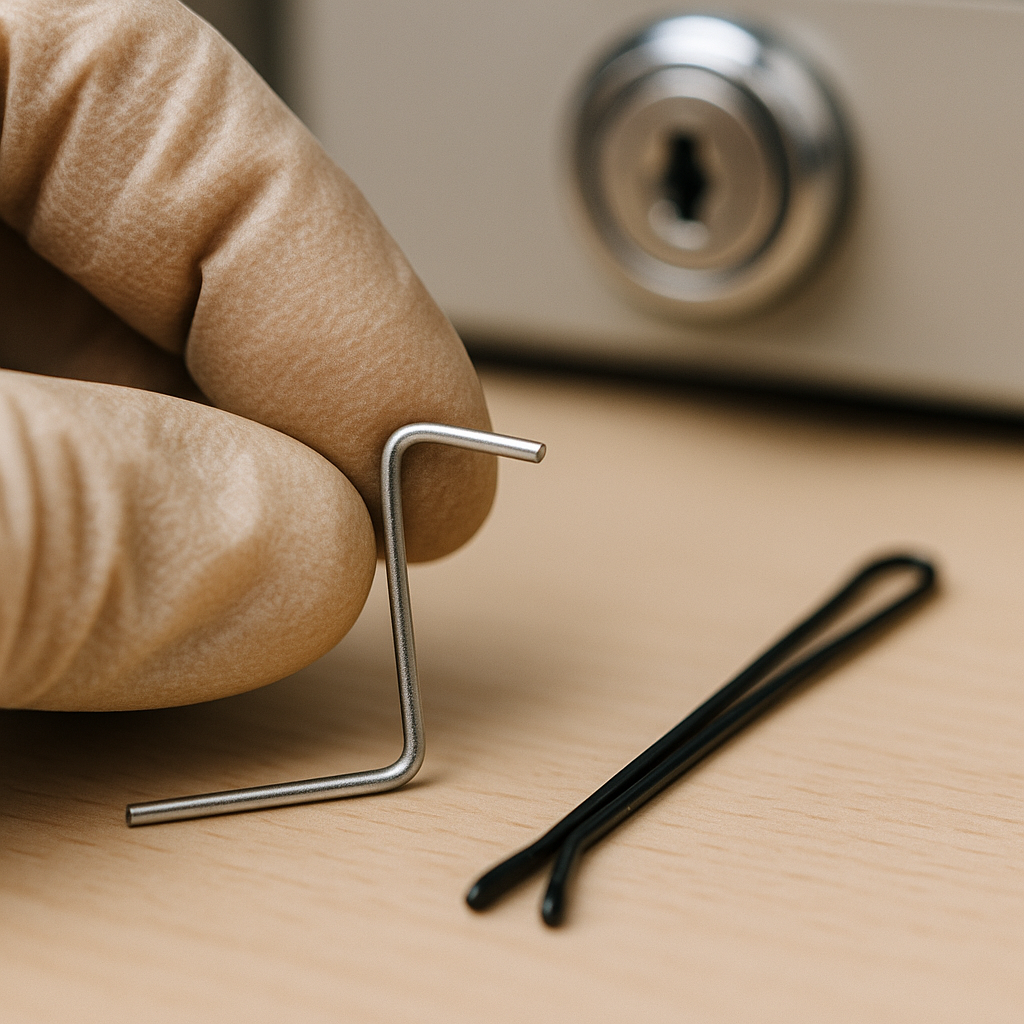 tromboneépingle à cheveux Photo macro ultra réaliste montrant une main gantée manipulant un trombone métallique déplié en forme de L, posé à côté d’une épingle à cheveux noire.
Arrière-plan flou avec une serrure de tiroir métallique argentée visible en second plan.
Surface neutre en bois clair de bureau ou blanche, éclairage naturel diffus.
Mise au point nette sur les outils, profondeur de champ courte pour effet professionnel.
Ambiance propre et réaliste, évoquant un bricolage improvisé mais soigné.
Style photo d’illustration pédagogique, lumière douce, rendu précis du métal et du gant.
Message implicite : “Voici à quoi ressemblent les outils improvisés pour forcer une serrure.”