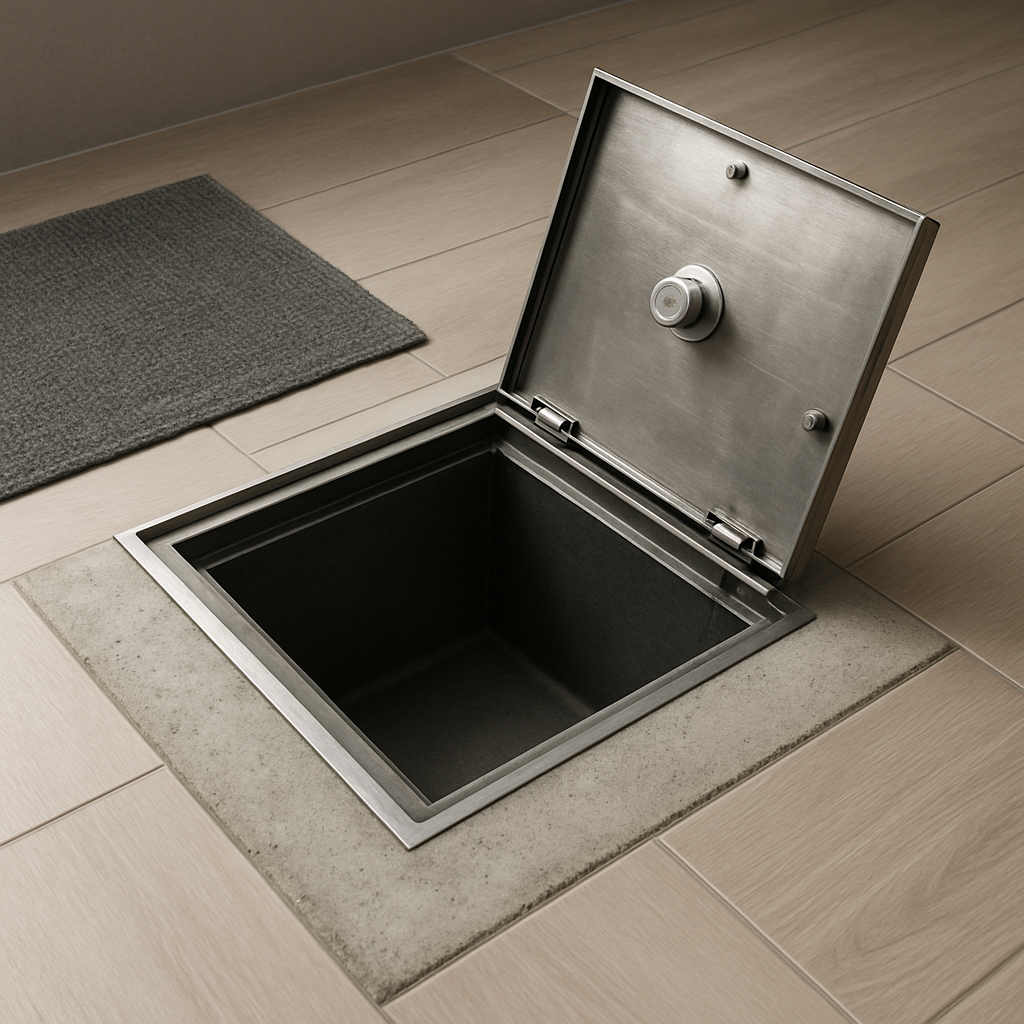 Coffre-fort sous le sol Coffre-fort encastré sous dalle béton avec trappe d'accès dissimulée - Installation professionnelle