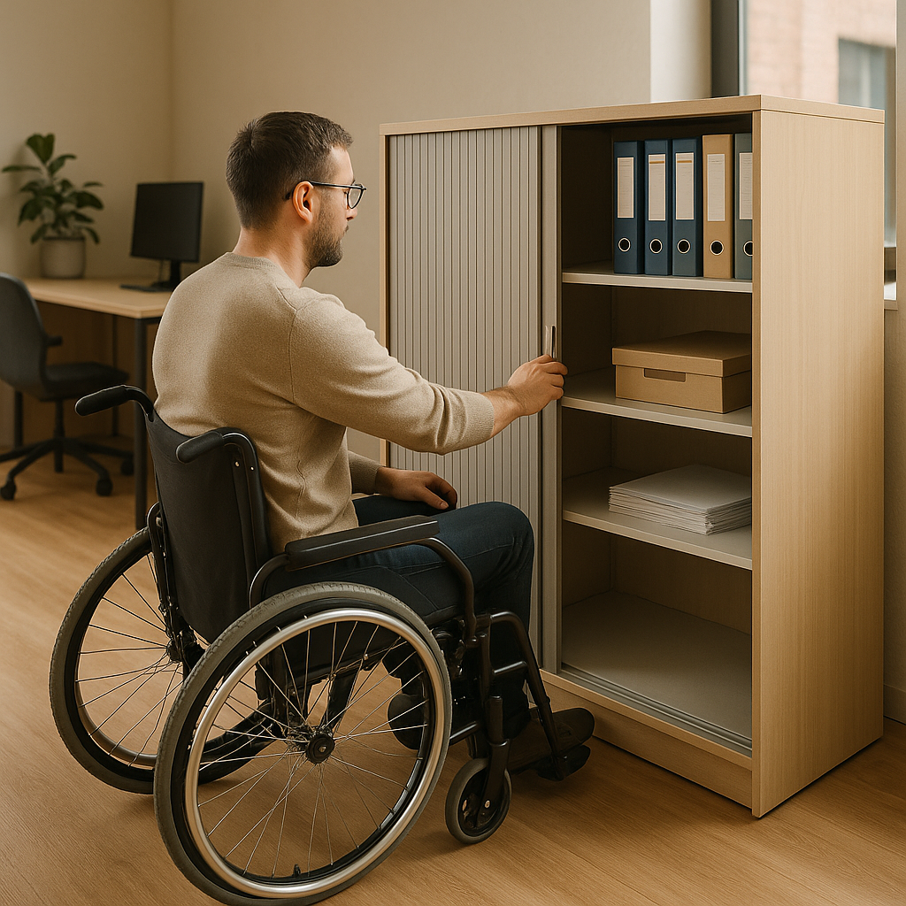 Ergonomie et accessibilité PMR personne en feuteuil roulant devant une armoire accessible
