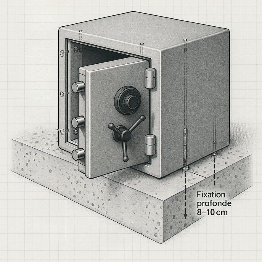 La fixation une obligation légale "Schéma technique fixation coffre-fort avec 4 points ancrage - Obligation assurance