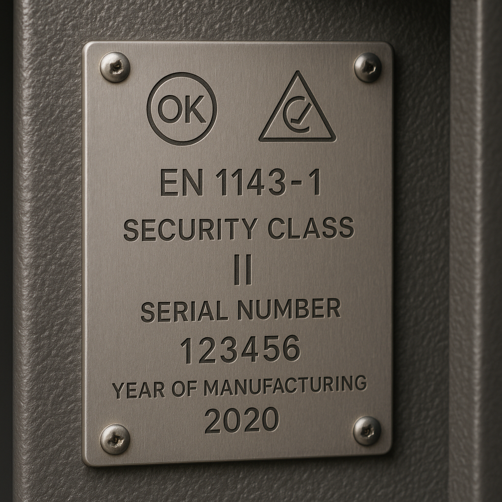 Le certificat de conformité "Plaque certification coffre-fort EN 1143-1 - Certificat conformité assurance VDS A2P"