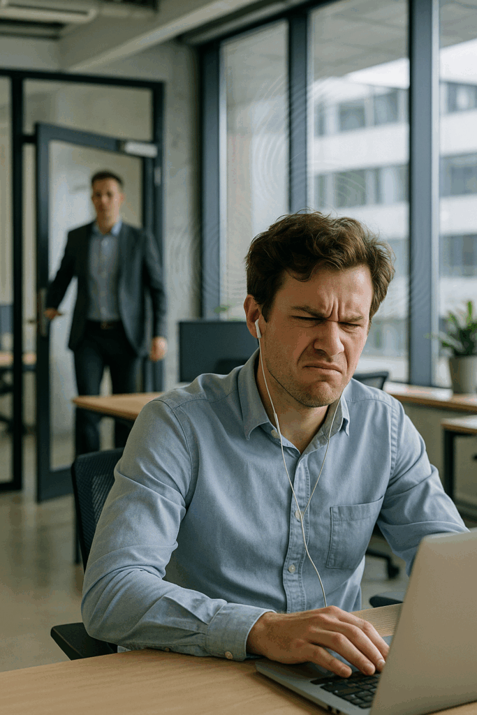 Le problème du bruit au bureau personne dérenger par le bruit portant des écouteurs