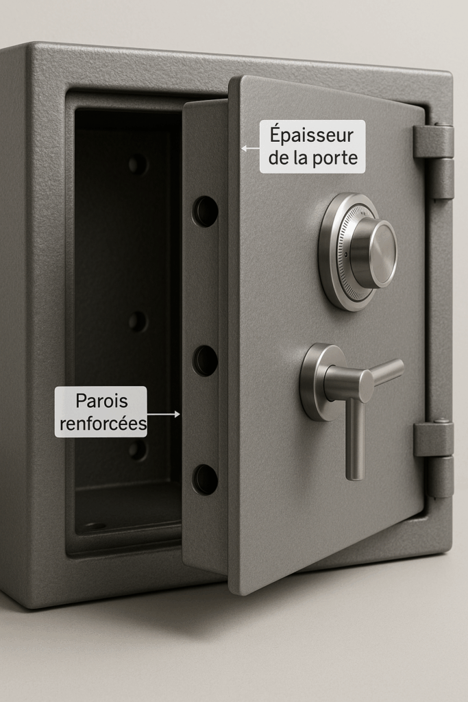 Quel mode de fixation selon le niveau de résistance de mon coffre coffre-fort métallique, montrant la porte entrouverte et les parois épaisses avec les trous de fixation visibles à l’arrière et en dessous.