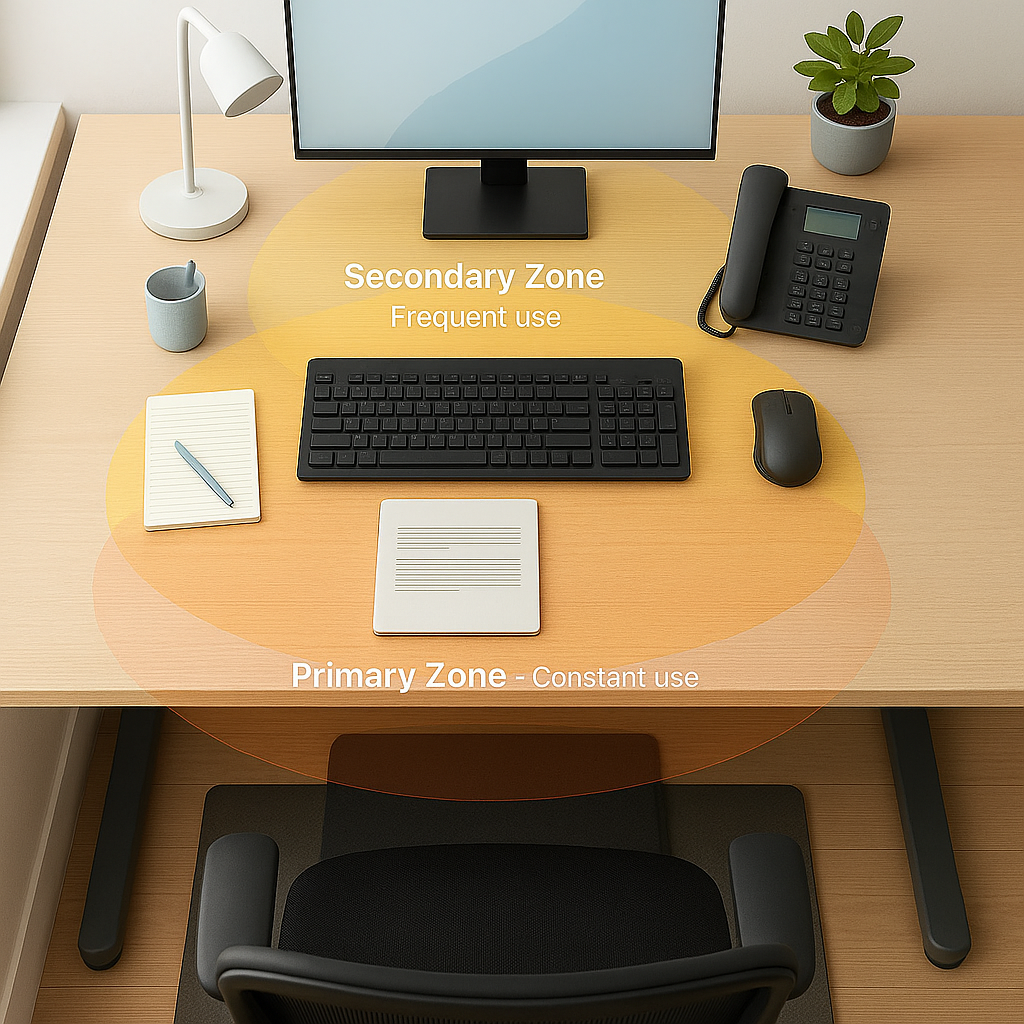 zones bureau avec Trois zones colorées transparentes délimitent les espaces d’utilisation