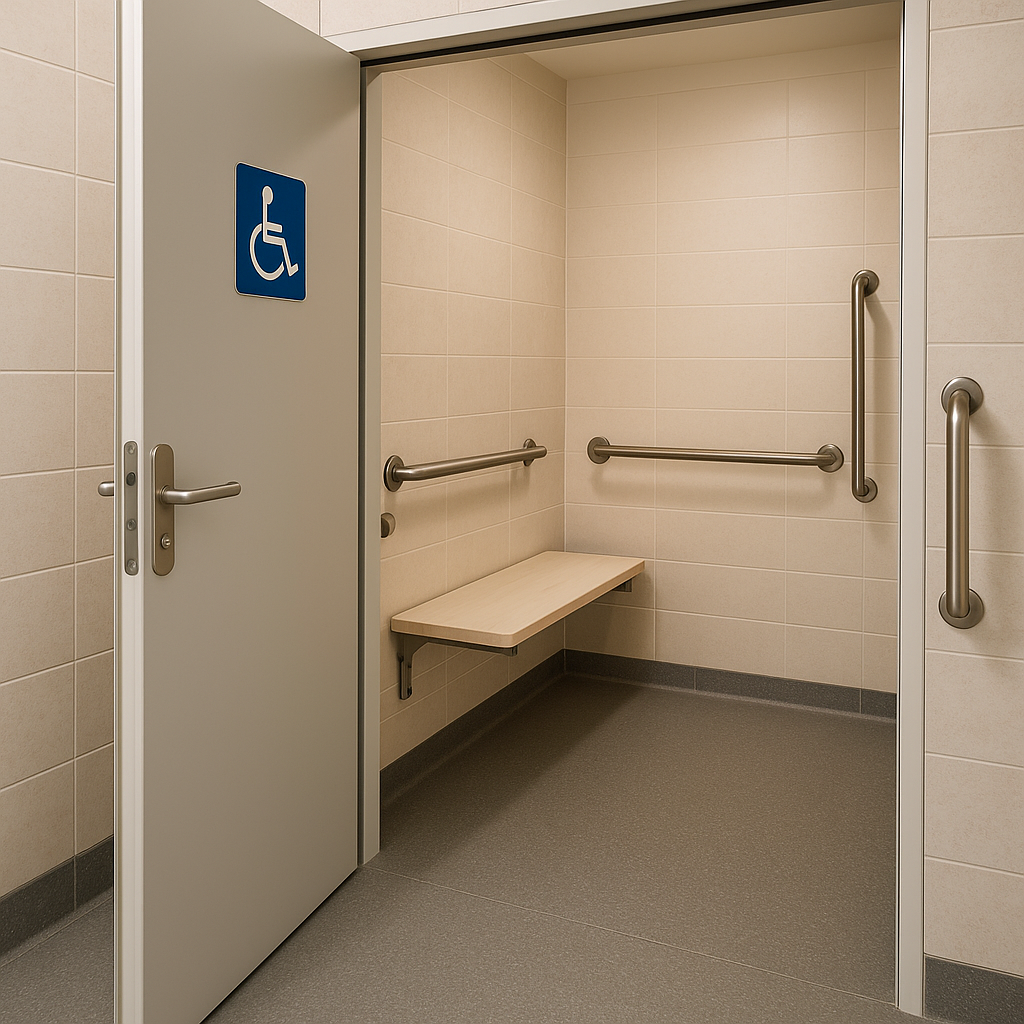 Obligations d’accessibilité PMR – vestiaires Cabine de vestiaire accessible aux personnes à mobilité réduite conforme aux normes PMR