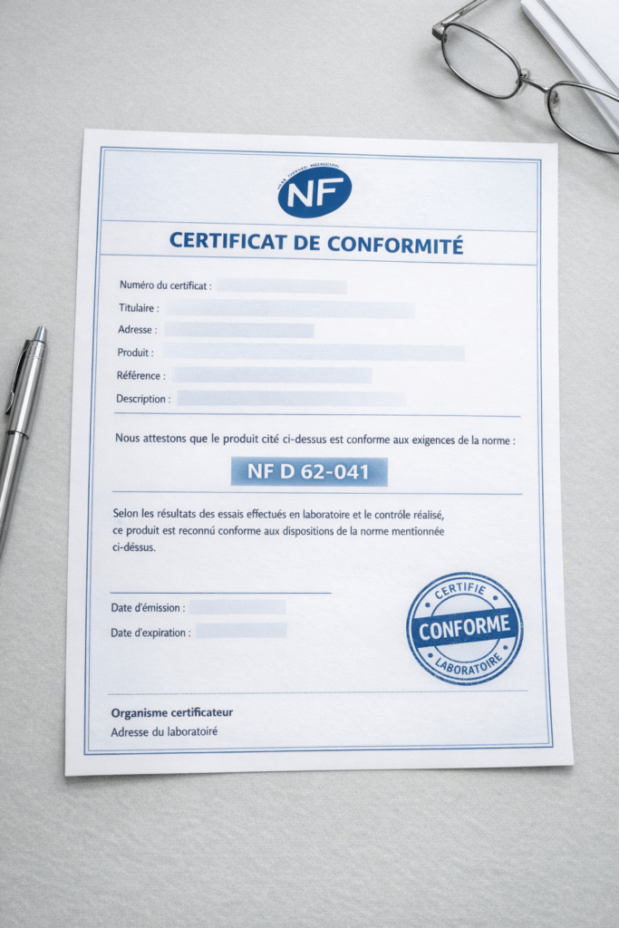 Certificat + logo NF Certificat conformité norme NF D 62-041 mobilier bureau classement feu laboratoire agréé