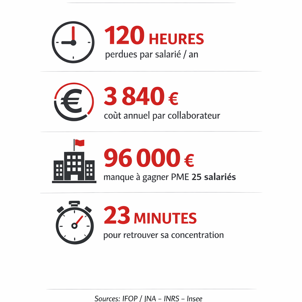 Les études IFOP JNA Infographie coût du bruit en open space : 3840 euros par salarié et 96000 euros pour PME 25 personnes