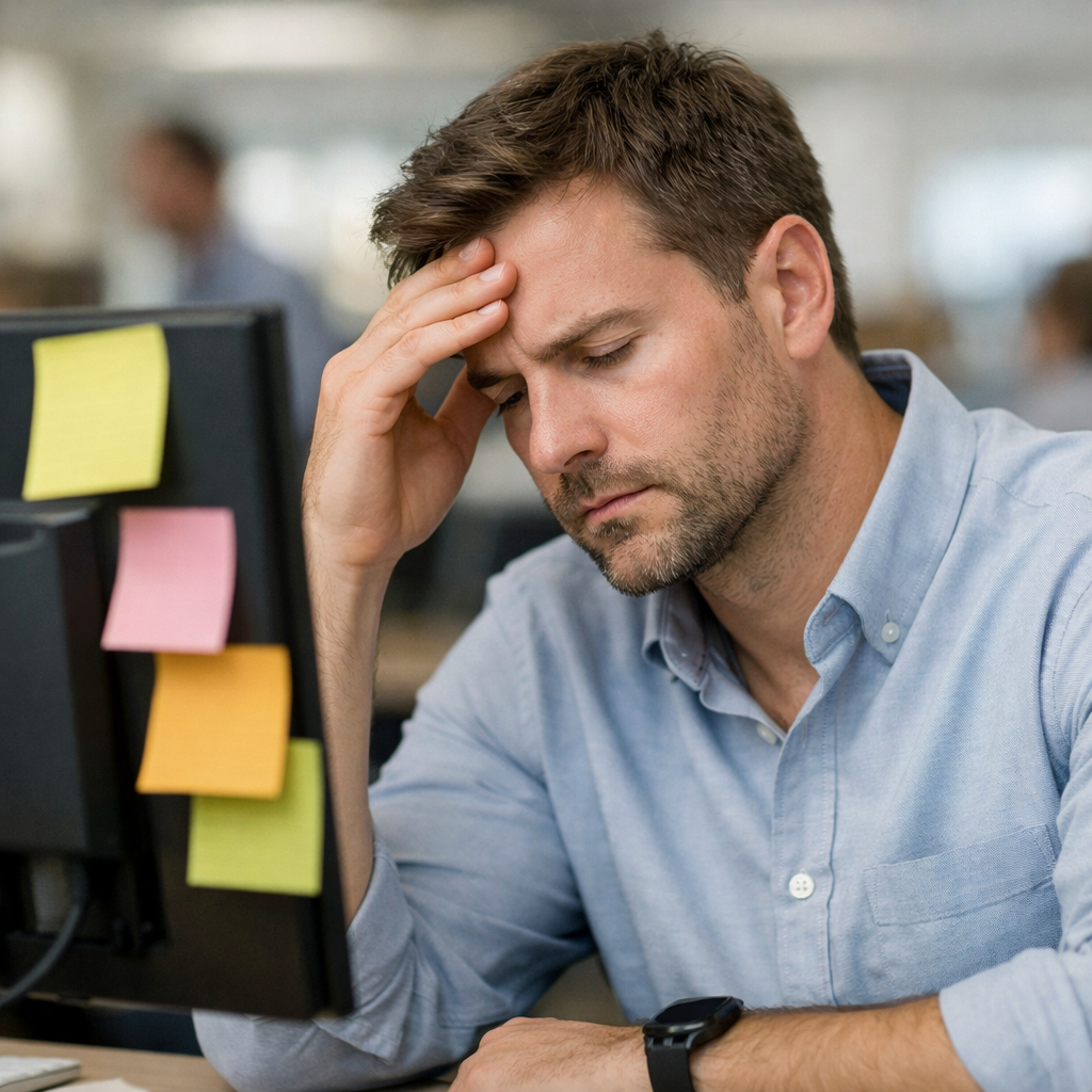 Qualité du travail dégradée Salarié en open space avec fatigue cognitive et baisse de concentration due au bruit