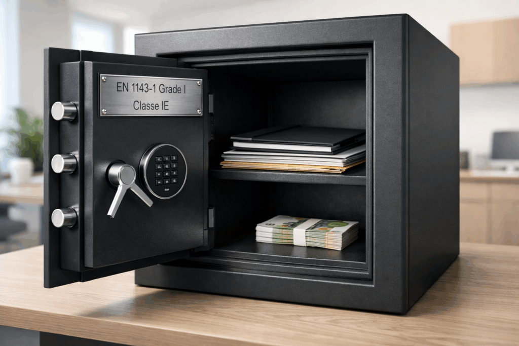 alt="Coffre-fort professionnel classe IE ouvert avec plaque de certification EN 1143-1 visible pour assurance entreprise"