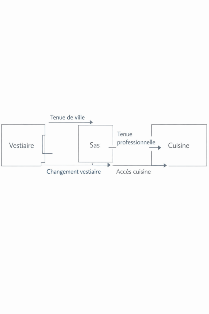 Emplacement et configuration alt="Plan de circulation vestiaire vers cuisine respectant la marche en avant en restauration"