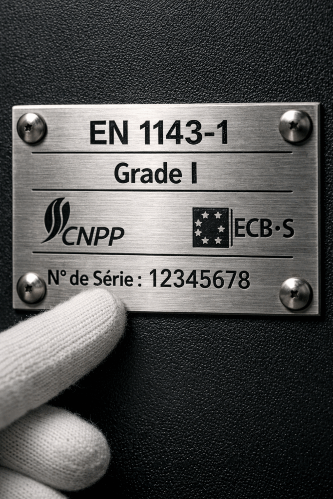 Les normes à respecter alt="Plaque de certification EN 1143-1 classe IE sur coffre-fort professionnel agréé assurance avec numéro de série visible"