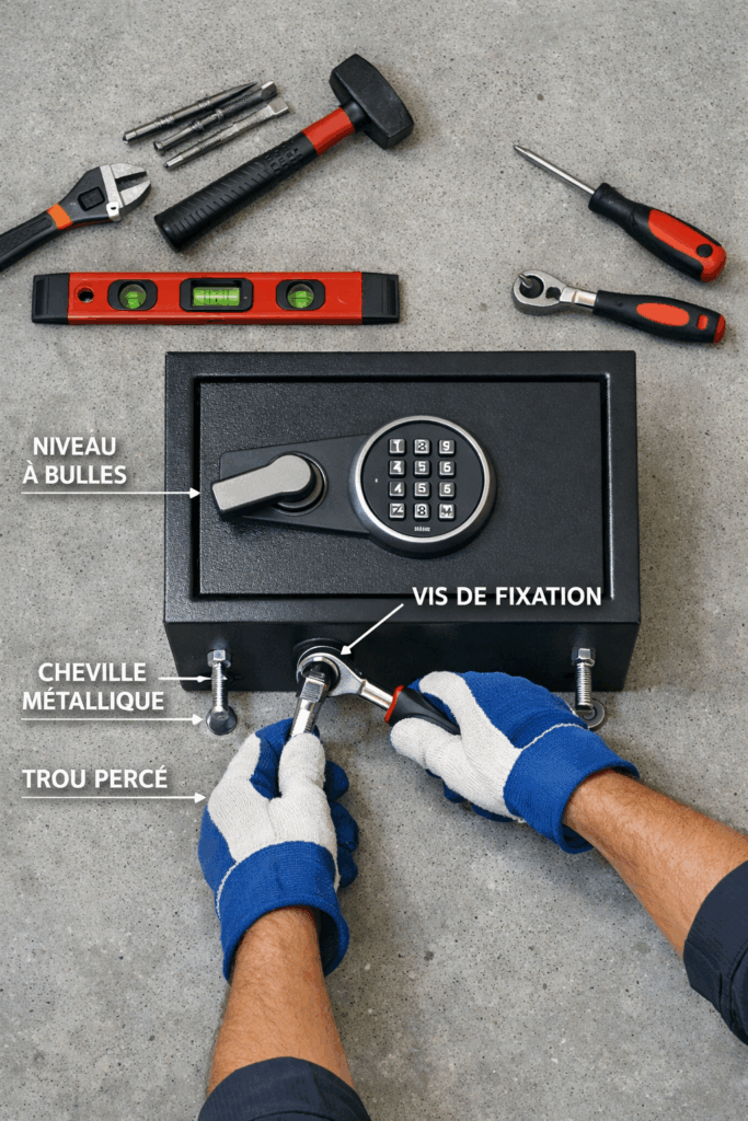 L'installation obligatoire pour être assuré alt="Installation professionnelle d’un coffre-fort scellé au sol sur dalle béton avec chevilles d’ancrage pour conformité assurance"