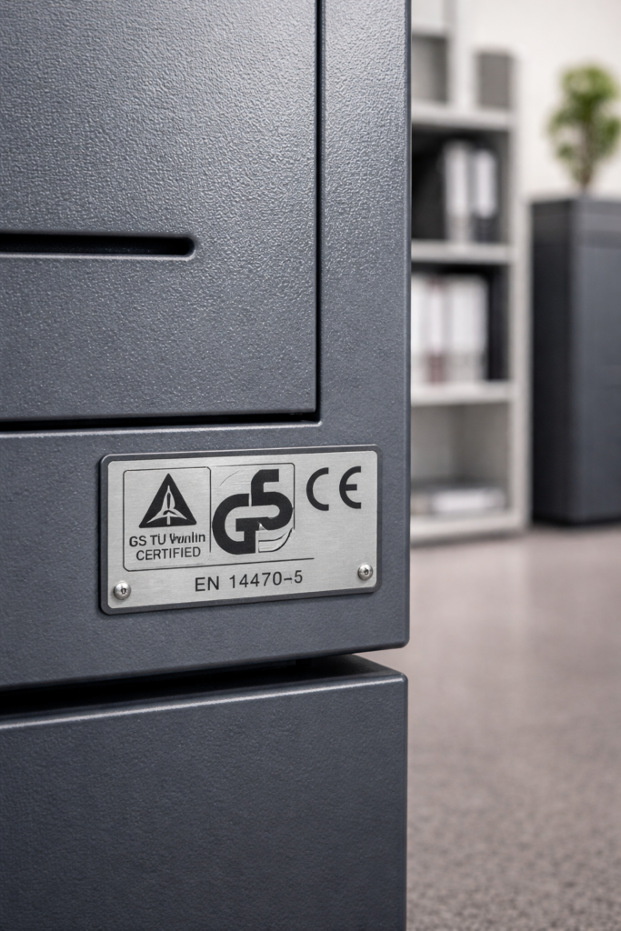 marquage-certification-nf-office-excellence-armoire-metallique.jpg Marquage NF Office Excellence sur armoire métallique — traçabilité date d'assemblage et circuit logistique