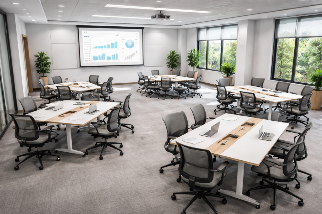 Aménagement salle de formation avec mobilier professionnel ergonomique
