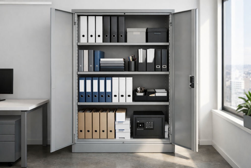 Armoire de bureau métallique ouverte avec étagères de rangement professionnel