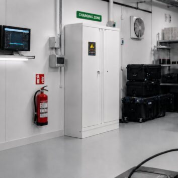 Armoire anti-feu 90 min pour BATTERIES LITHIUM - 4 étagères + extincteur automatique - TRIONYX