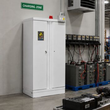 Armoire anti-feu 90 min pour BATTERIES LITHIUM - 4 étagères + pack alarme VIG590 + extincteur automatique - TRIONYX