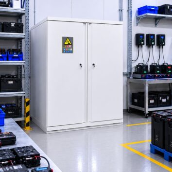 Armoire anti-feu 90 min pour BATTERIES LITHIUM - Rayonnage 4 niveaux + extincteur automatique - TRIONYX