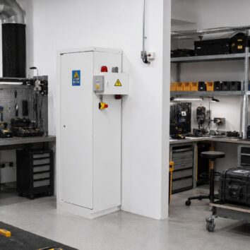 Armoire de sécurité pour BATTERIES LITHIUM 90 MIN - 1 porte avec pack alarme VIG190 + système triphasé 4 prises avec extincteur automatique - TRIONYX