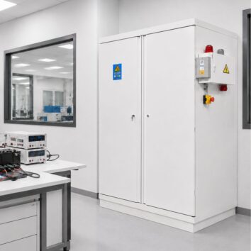 Armoire de sécurité pour BATTERIES LITHIUM 90 MIN - 2 portes avec pack alarme VIG290 + système triphasé 4 prises avec extincteur automatique - TRIONYX