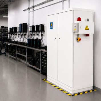 Armoire de sécurité pour BATTERIES LITHIUM 90 MIN - 2 portes avec pack alarme VIG290 et système triphasé + extincteur automatique - TRIONYX