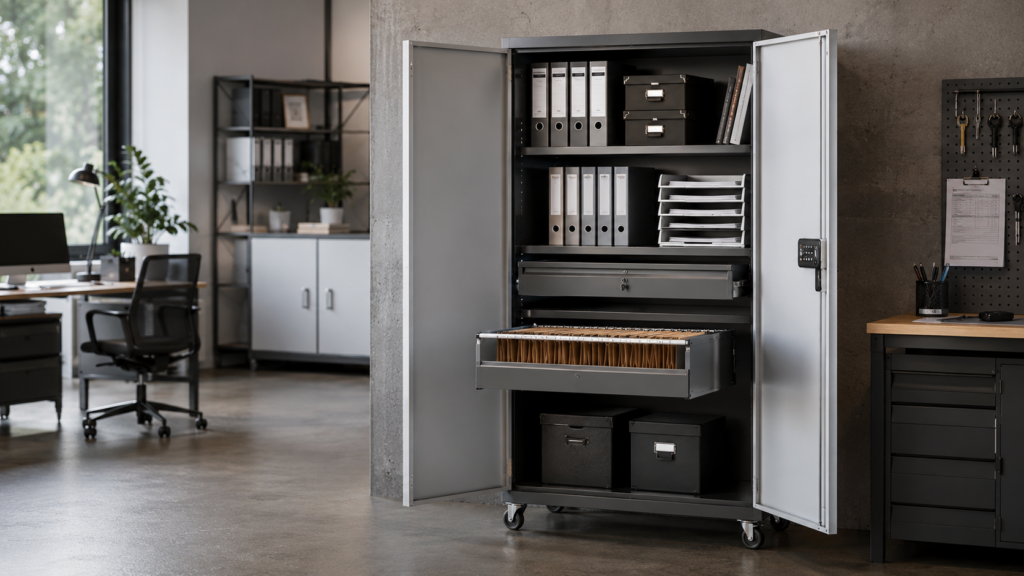 Armoire à porte battante ouverte avec accessoires