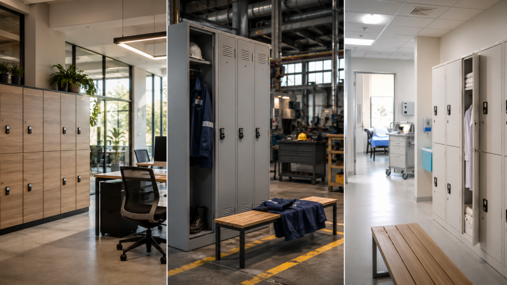 Vestiaires professionnels en bois et métal installés dans différents environnements de travail : bureau, industrie et collectivité