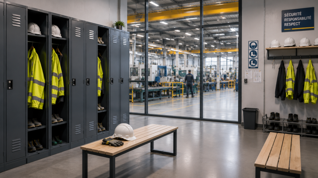 Casiers d’usine métalliques conformes équipés d’EPI dans un vestiaire industriel professionnel