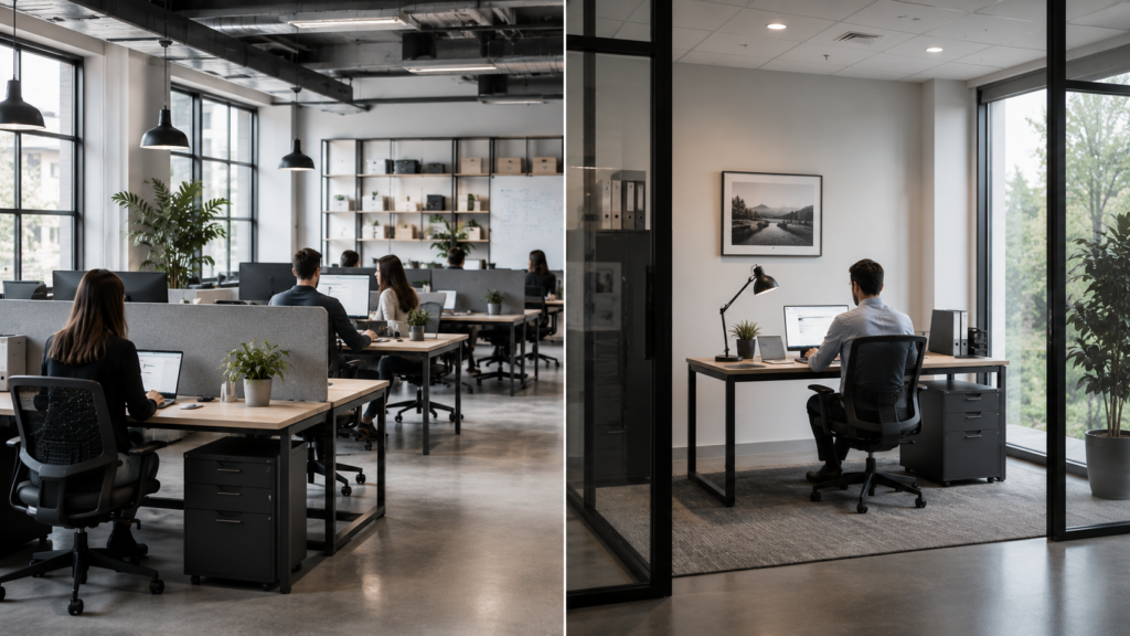 Comparaison entre un bureau collectif en open space et un bureau individuel fermé