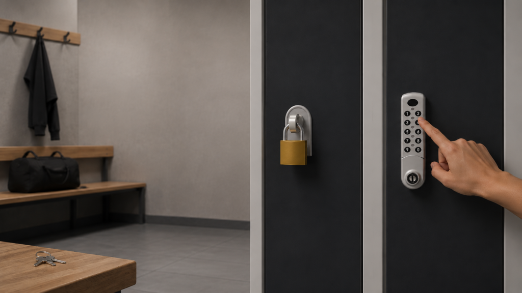 Casier vestiaire métallique équipé d'une serrure à code dans un vestiaire collectif professionnel.