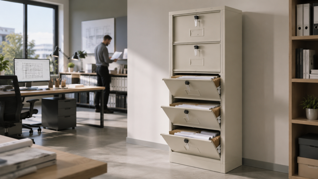 Meuble à clapets métallique utilisé pour le classement de documents dans un bureau professionnel