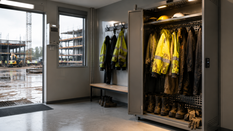 Vestiaire séchant avec vêtements de travail et EPI en cours de séchage dans une base vie de chantier