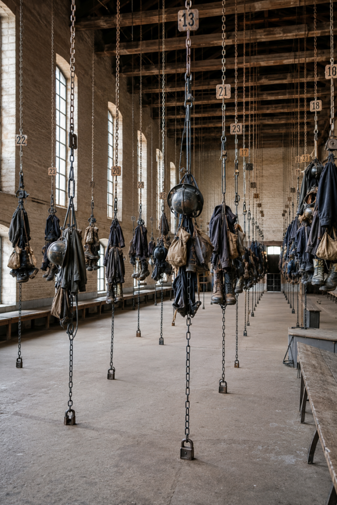 Le vestiaire suspendu des mines Salle des pendus dans une mine avec vêtements de mineurs suspendus au plafond par des chaînes.