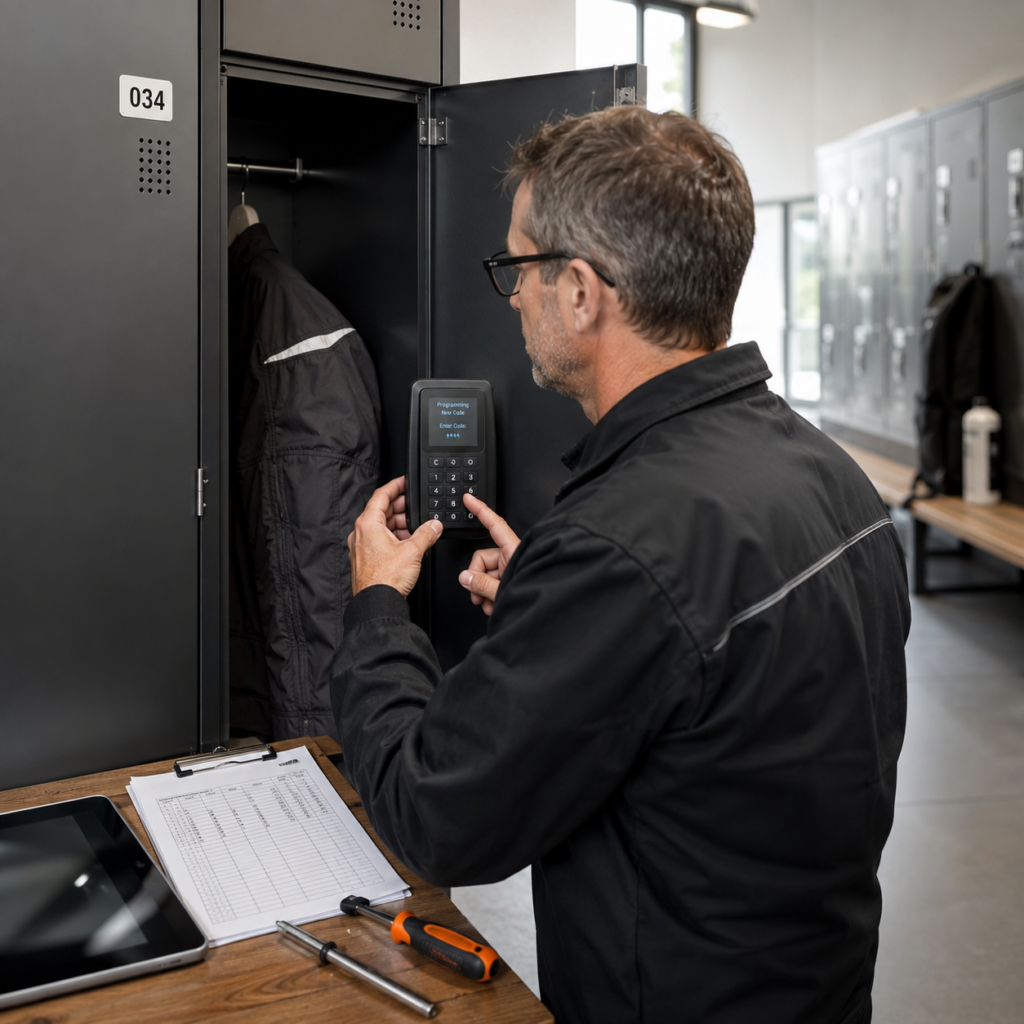 Reduced maintenance costs Technicien reprogrammant la serrure à code d'un casier métallique pour faciliter sa remise en service.